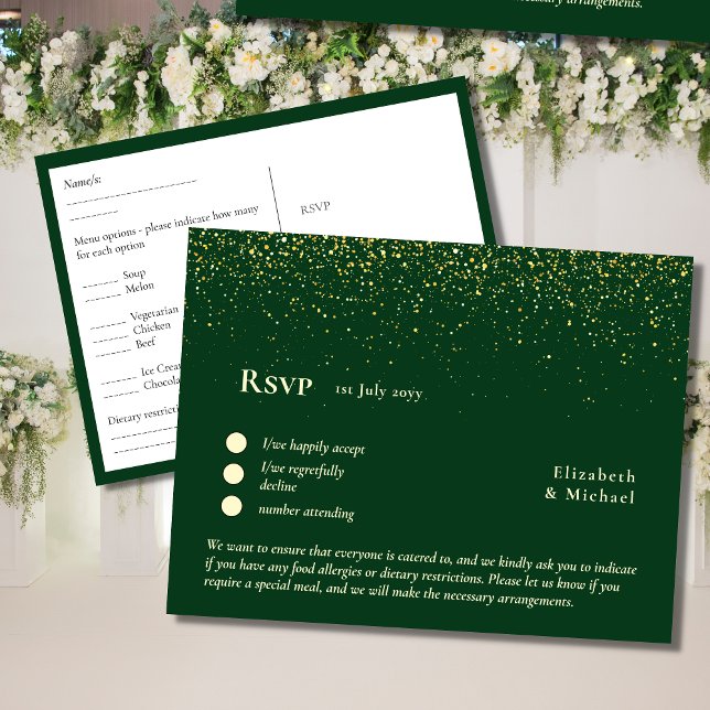 RSVP med meny mall | Smaragdgrön guld RSVP (Skapare uppladdad)