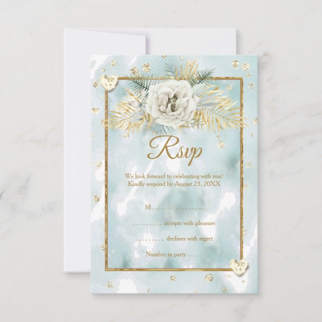 RSVP Mint Teal Guld marmor Ros Blommig OSA Kort (Framsida)