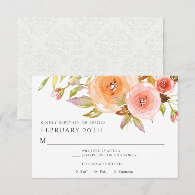 RSVP Modern Akvarell Persika Blommönstrad Damask B Inbjudningar (Fram/baksida)
