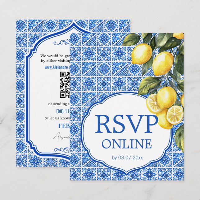 🌈  RSVP Online + QR Azul & Limone Romance OSA Kort (Fram/baksida)