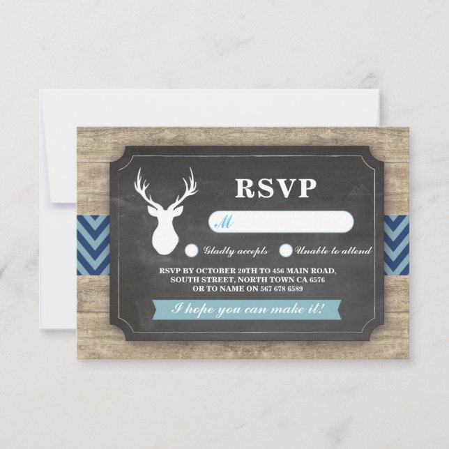 RSVP Pojke Baby Shower Rustik Trä Pojke Blå OSA Kort (Framsida)