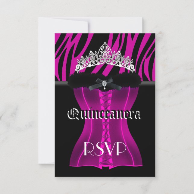 RSVP Quinceanera Rosa Zebra Svart Tiara Korsett OSA Kort (Framsida)