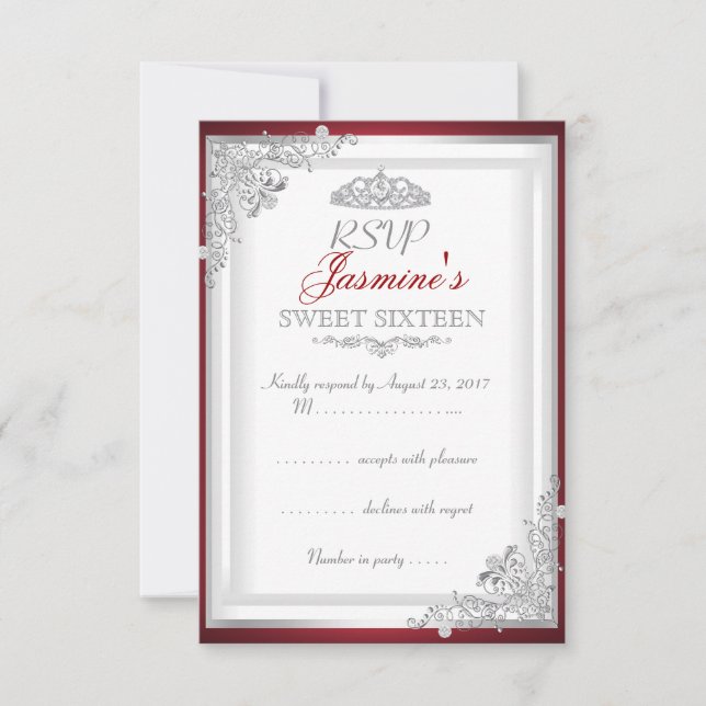 RSVP Red Silver Damask Tiara Sweet 16 OSA Kort (Framsida)