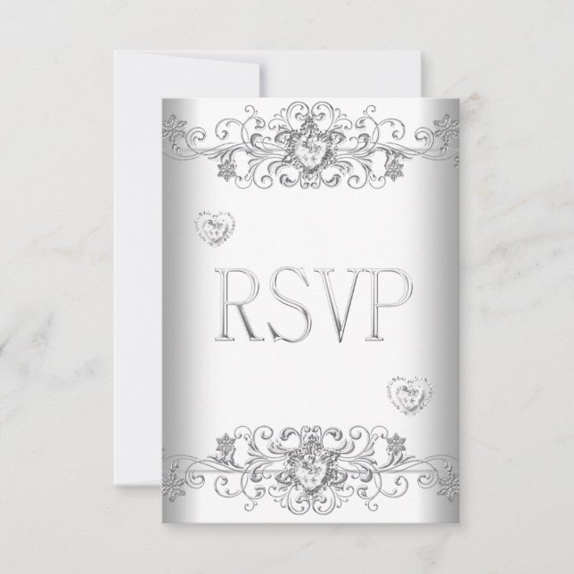 RSVP Rent Helt Vitt Bröllop Vita Diamant Hjärtan Inbjudningar (Framsida)