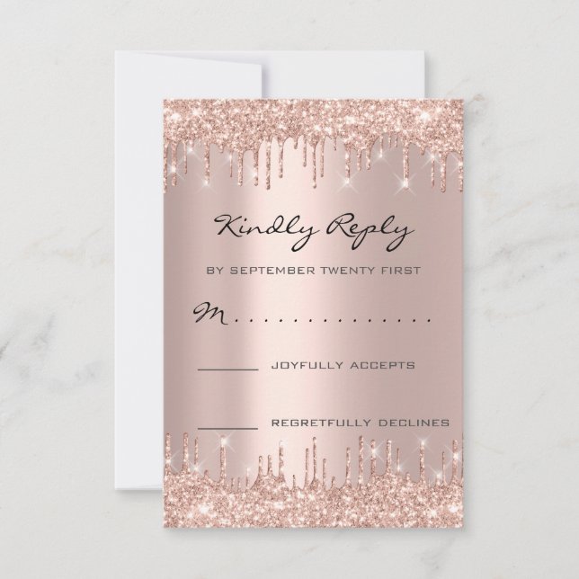 RSVP Rose Blush Drips Glitter Bröllop Födelsedag OSA Kort (Framsida)