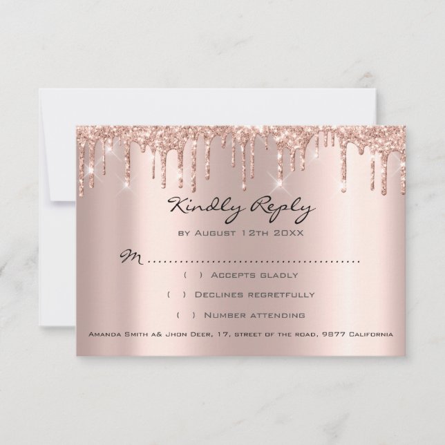RSVP Rose Drips Glitter Bröllopsdusch Bröllop OSA Kort (Framsida)