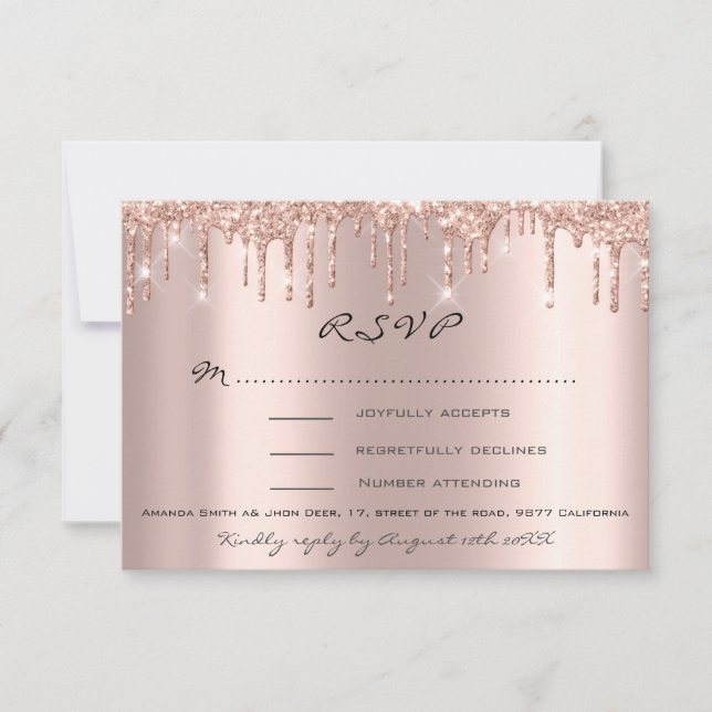 RSVP Rose Dropp Glitter Bröllopsdusch Bröllop OSA Kort (Framsida)