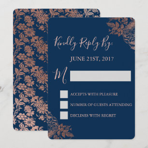 RSVP - Roséguld Rosa och Marinblå Blommor Inbjudningar
