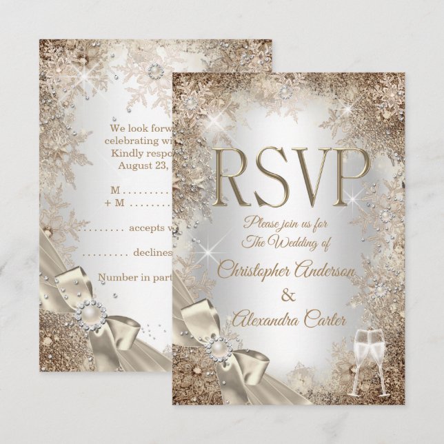 RSVP Silver Beige Crème Pärlbåge Snöflinga 2 Inbjudningar (Fram/baksida)