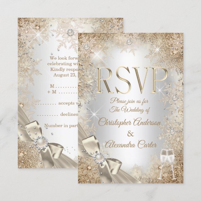 RSVP Silver Beige Crème Pärlbåge Snöflinga Inbjudningar (Fram/baksida)