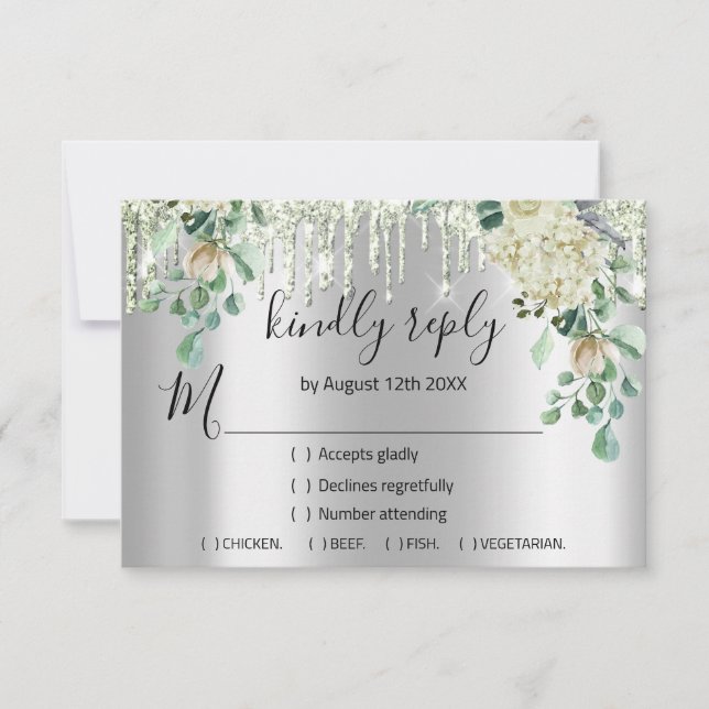 RSVP Silver Bröllop Glitter Brud Mint Grön Drips OSA Kort (Framsida)