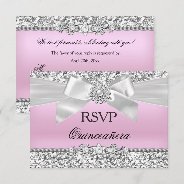 RSVP Silver Rosa Glitter Jewel Båge Quinceanera Inbjudningar (Fram/baksida)