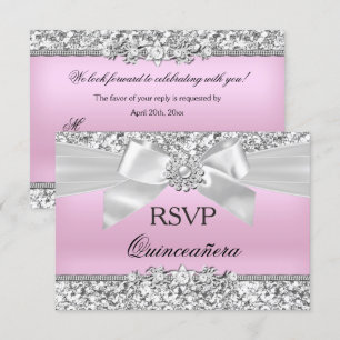 RSVP Silver Rosa Glitter Jewel Båge Quinceanera Inbjudningar