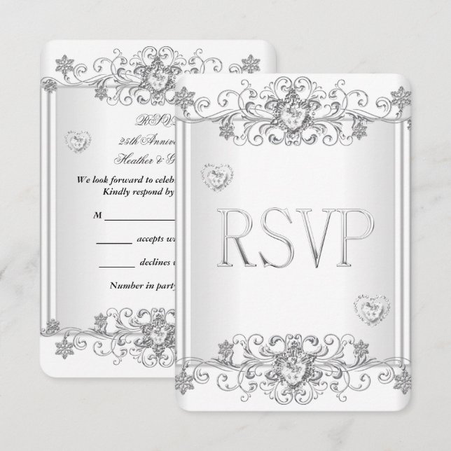 RSVP Silver Vitt Diamanthjärten 2 Inbjudningar (Fram/baksida)