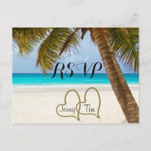 RSVP strand kärlek hjärtan bröllop palm sand surf Inbjudan Vykort