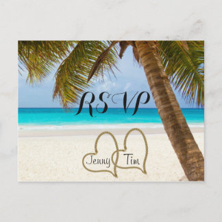 RSVP strand kärlek hjärtan bröllop palm sand surf  Inbjudan Vykort