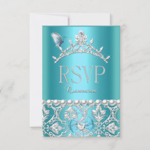 RSVP-svar Quinceanera 15-års Blue Damask Fjäril OSA Kort