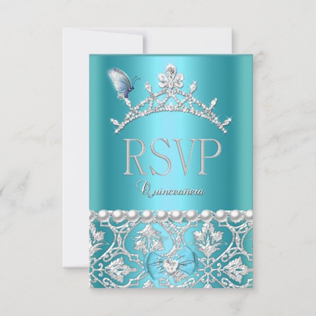 RSVP-svar Quinceanera 15-års Blue Damask Fjäril OSA Kort (Framsida)