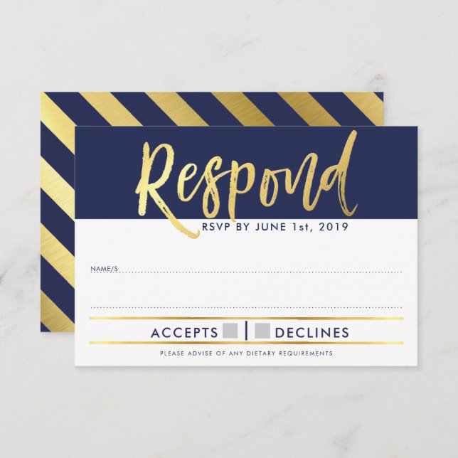 RSVP SVAR SVARSKORT falskt guld typ marinblå Inbjudningar (Fram/baksida)