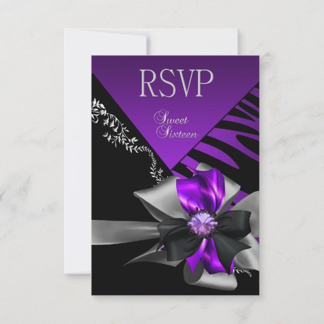 RSVP-svar Sweet 16 Zebra Lila Svart Silver OSA Kort (Framsida)