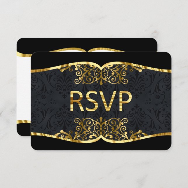 RSVP Svart Guld Damask Elegant Bröllopsinbjudan Inbjudningar (Fram/baksida)