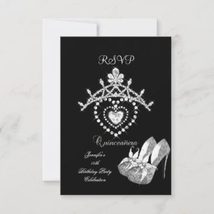 RSVP Svart Vita Quinceanera Festskor Tiara OSA Kort