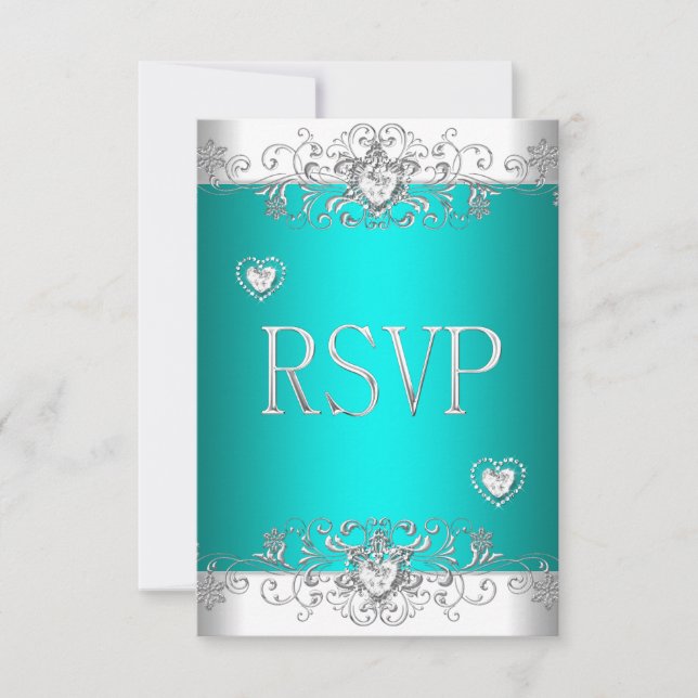 RSVP Teal Silver Vitt Diamant Hjärtan OSA Kort (Framsida)