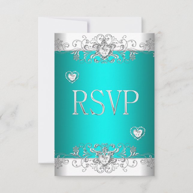 RSVP Teal Silver Vitt Diamanthjärta OSA Kort (Framsida)