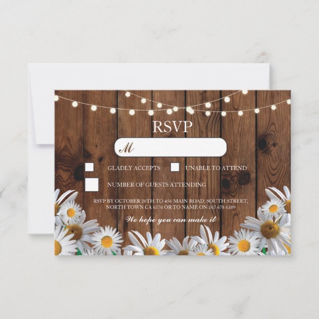 RSVP Trä Bröllop Rustik Margeritskrud Kort (Framsida)