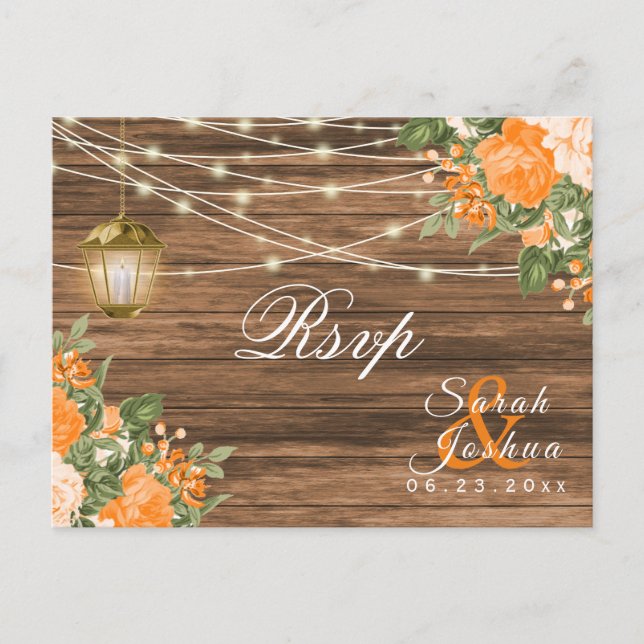 RSVP - Trä, Lyktor och Orange Blomma Vykort (Framsida)