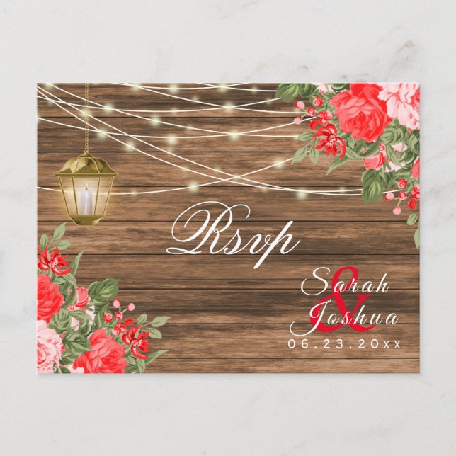 RSVP - Trä, Lyktor och Röda Blommor Vykort (Framsida)