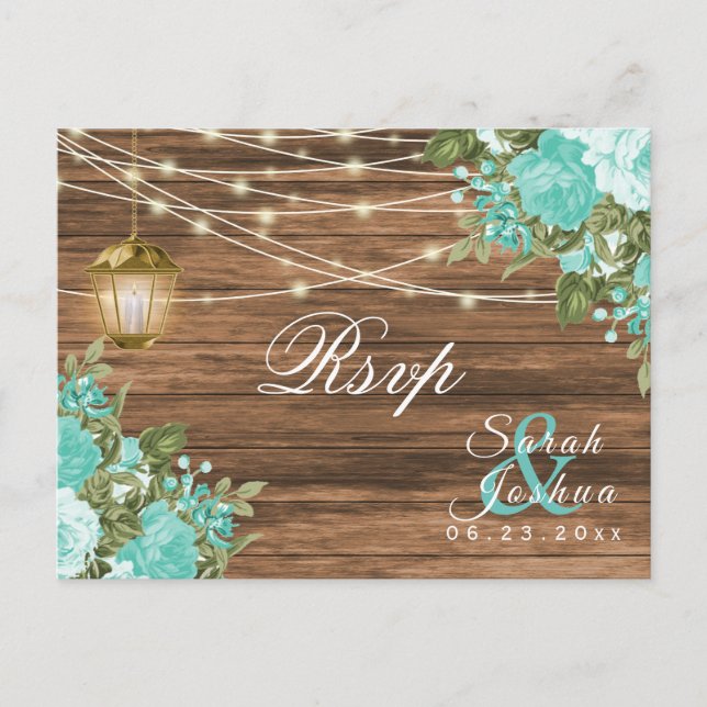 RSVP - Trä, Lyktor och Turkosa Blommor Vykort (Framsida)