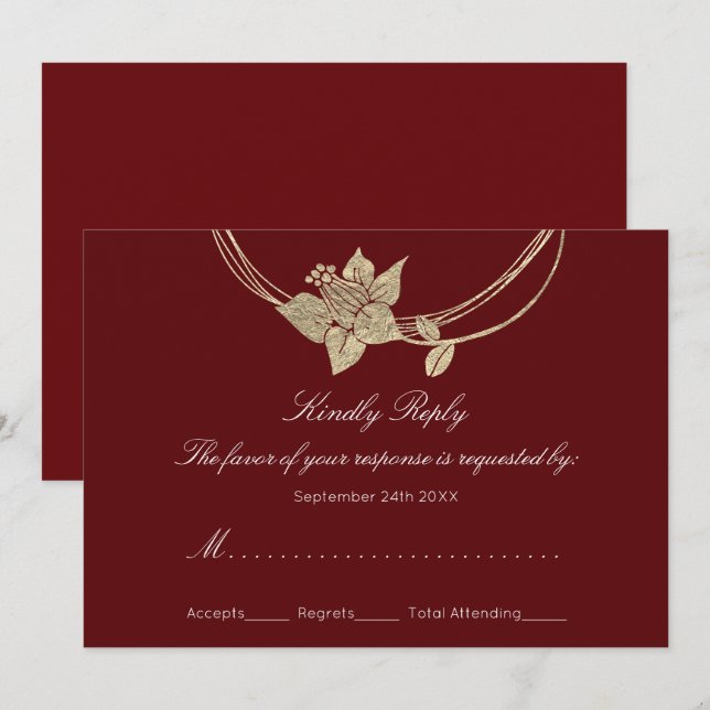 RSVP vinröd guld blomsterkrans bröllop Inbjudningar (Fram/baksida)