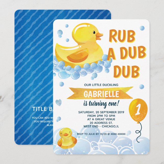 Rub a Dub Dub Rubber Anka Födelsedagsfest Inbjudningar (Fram/baksida)