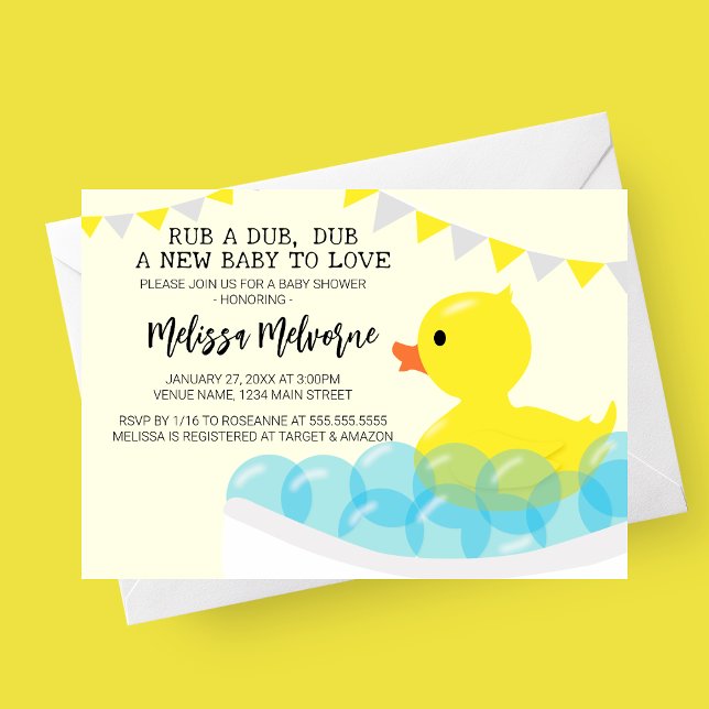 Rub A Dub Dub, Rubber Ducky Baby Shower Inbjudningar (Rub A Dub Dub Plastic Duck Baby Shower Invitation with grey and yellow banner. )