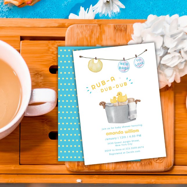Rub A Dub Dub Tvättpinne Gummiand Barnkalas  Inbjudningar (Rub A Dub Dub Clothesline Rubber Duck Baby Shower Invitation)