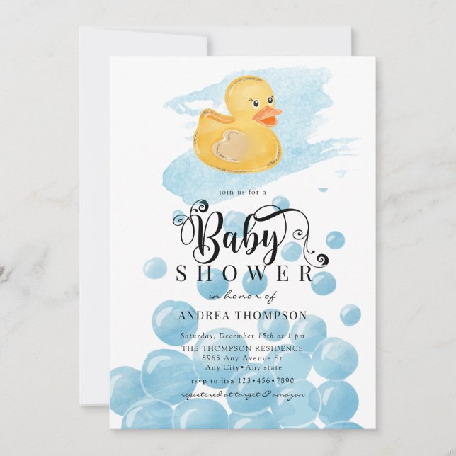 Rubber Anka | Blue Baby Shower Inbjudningar (Framsida)