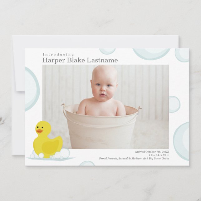 Rubber Anka Bubbles Birth Stats Baby Photo Birth Meddelande (Framsida)