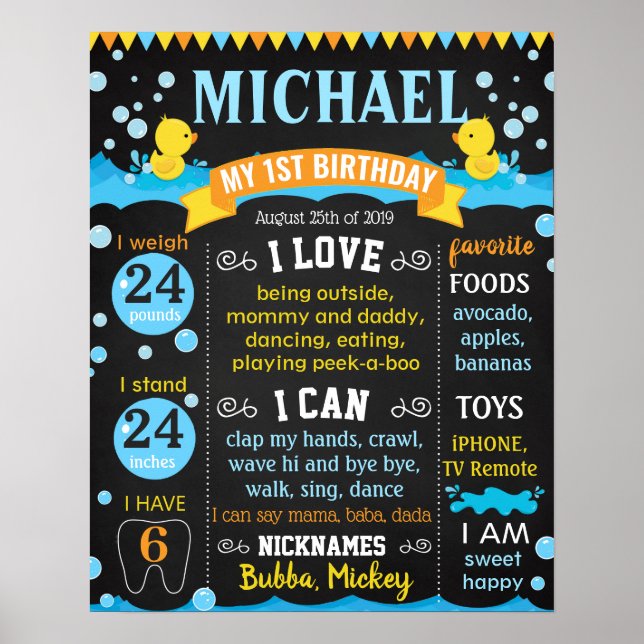 Rubber anka Bubbles First Birthday chalkboard Poster (Framsidan)