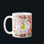 Rubber Anka jultomten Photo Watercolor Kaffemugg<br><div class="desc">Illustration av en gummi anka som bär en tomhatt. Gräns och omvänd sida är röda och grönt blommigt mönsterruta mönster.</div>