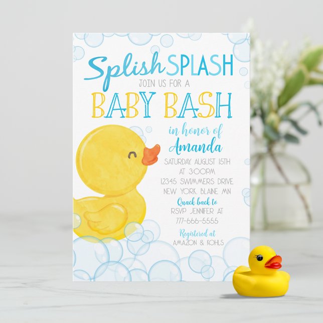 Rubber Anka Splish Stänk Baby Shower Inbjudningar (Splish Splash Watercolor Rubber Duck Boy Baby Shower Invitations. Available Printed or Download)
