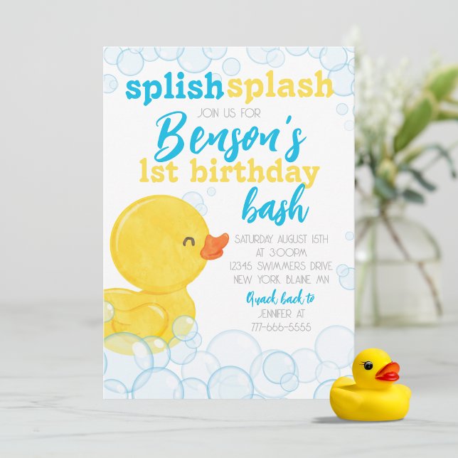 Rubber Anka Splish Stänk Birthday Inbjudningar (Splish Splash Watercolor Rubber Duck 1st Birthday Party Invitations)
