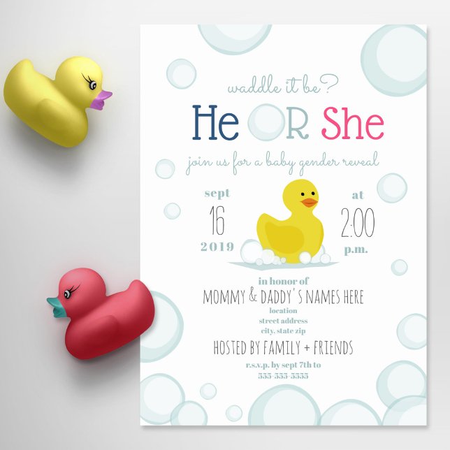 Rubber Anka Waddle Det är Baby Gender Reveal Inbjudningar (Skapare uppladdad)