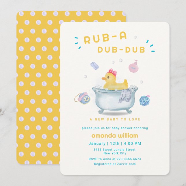 Rubber Duck Rub A Dub Dub Bathtub Baby Shower  Inbjudningar (Fram/baksida)