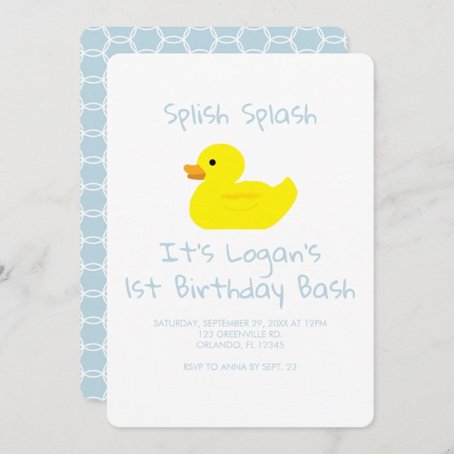 Rubber Duck Stripe First Birthday Party Invitation Inbjudningar (Fram/baksida)