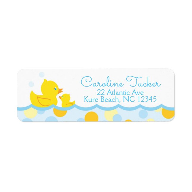 Rubber Ducky Baby Shower Address Label blue gult Returadress Etikett (Framsidan)
