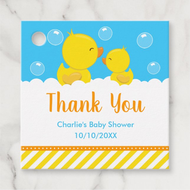 Rubber Ducky Baby Shower Gult Blue Tack Gåvor Etiketter (Framsida)