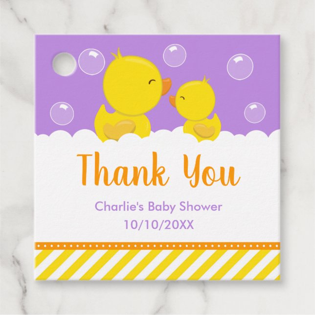 Rubber Ducky Baby Shower Gult Lila Tack Gåvor Etiketter (Framsida)