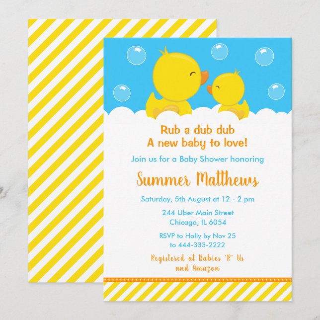Rubber Ducky Baby Shower Gult och Blue Inbjudningar (Fram/baksida)