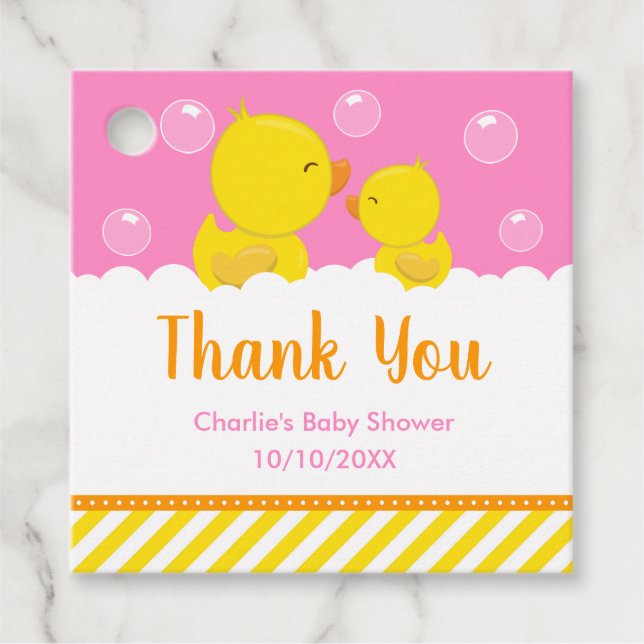 Rubber Ducky Baby Shower Gult Rosa Tack Gåvor Etiketter (Framsida)